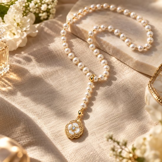 Ketting met zoetwaterparels en gouden accenten, met een bloemvormige hanger, op een stoffen achtergrond.
