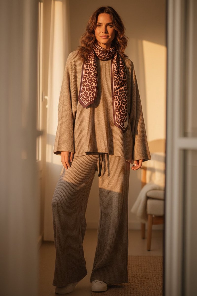 3 delige set top broek en sjaal rib stuctuur One size 38 t/m 44