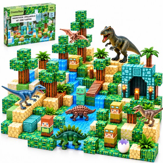 Een uitgebreide dinowereld van CosmoToys met 106 magnetische bouwstenen, dinosauriërs en figuren.