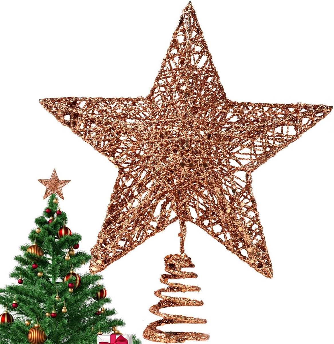 ster, roségouden glitter kerstboompiek, kerstboomsterren, kerstboomtopper voor kerstboomversiering (roségoud)