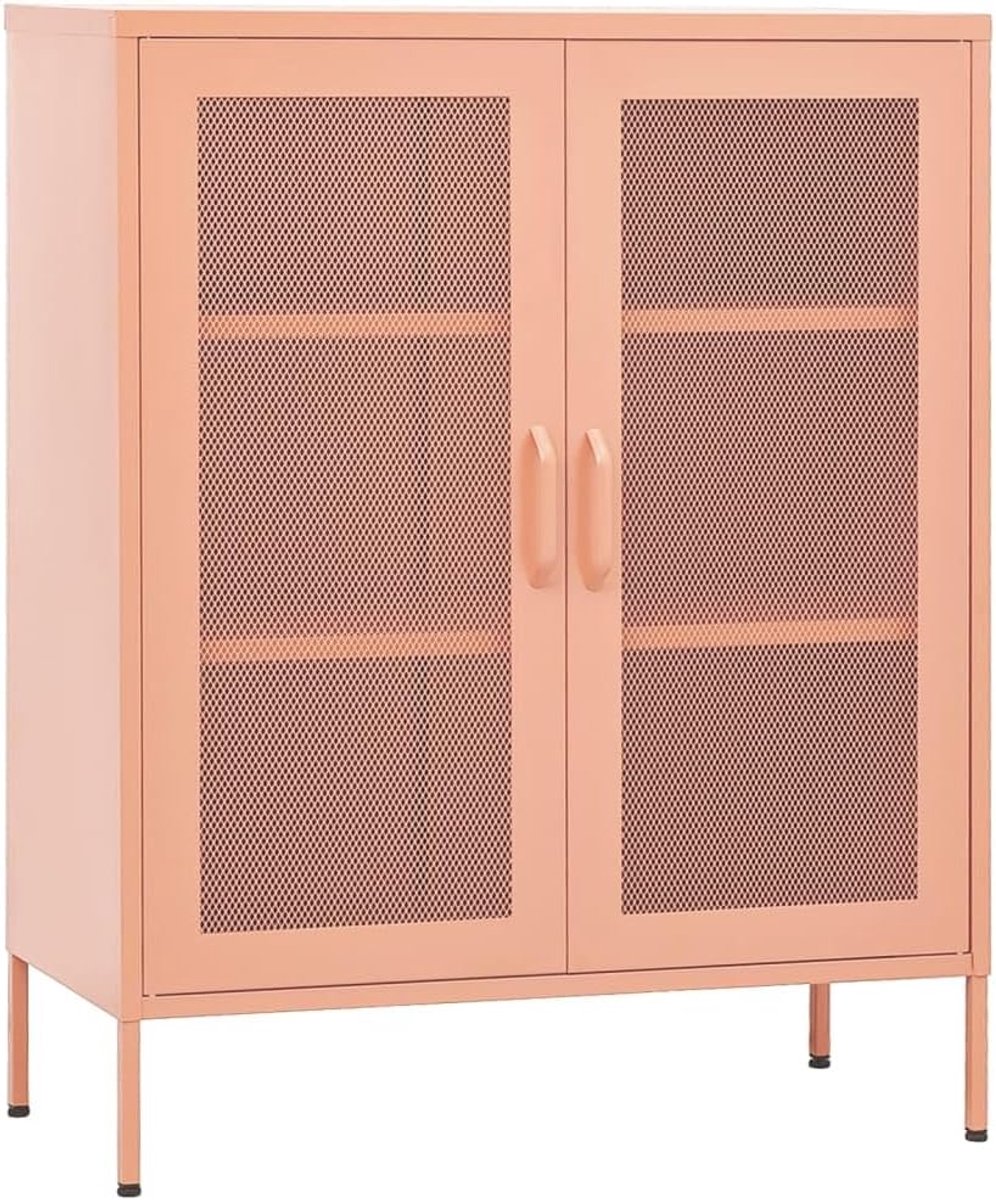Opbergkast roze van staal met roosterdeuren, 80 x 35 x 101,5 cm, bijzetkast met verstelbare poten en legplanken voor boeken en tijdschriften
