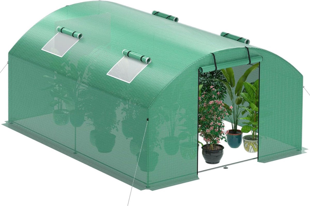 300 x 400 x 200 cm broeikas, foliekas, winterbestendig, van 25 mm verzinkt staal, 140 g/m² PE UV50+ afdekking, 4 ramen en 2 deuren met ritssluiting, tomatenhuis, plantentunnel met grondankers