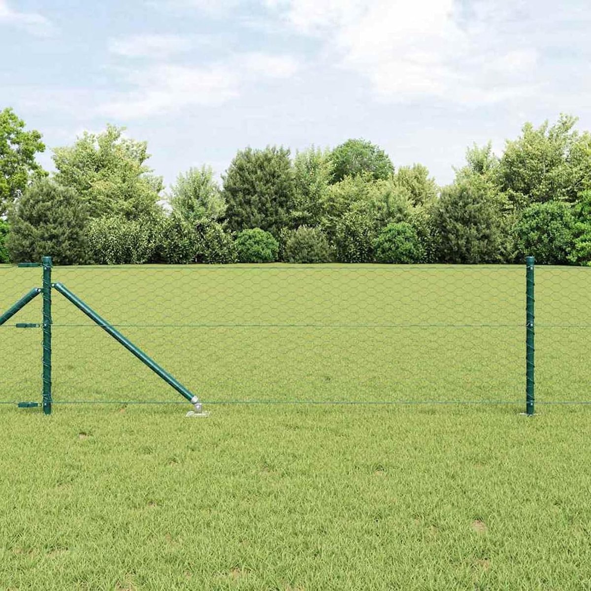 Zeshoekige omheining, groen, 0,8 x 50 m, hekpalen met paal 13 stuks, Ø 32 mm, 100 cm, verzinkt staal, hekstangen, metalen palen voor draadhekken, tuinhek, wilgenhek, buitengordijn
