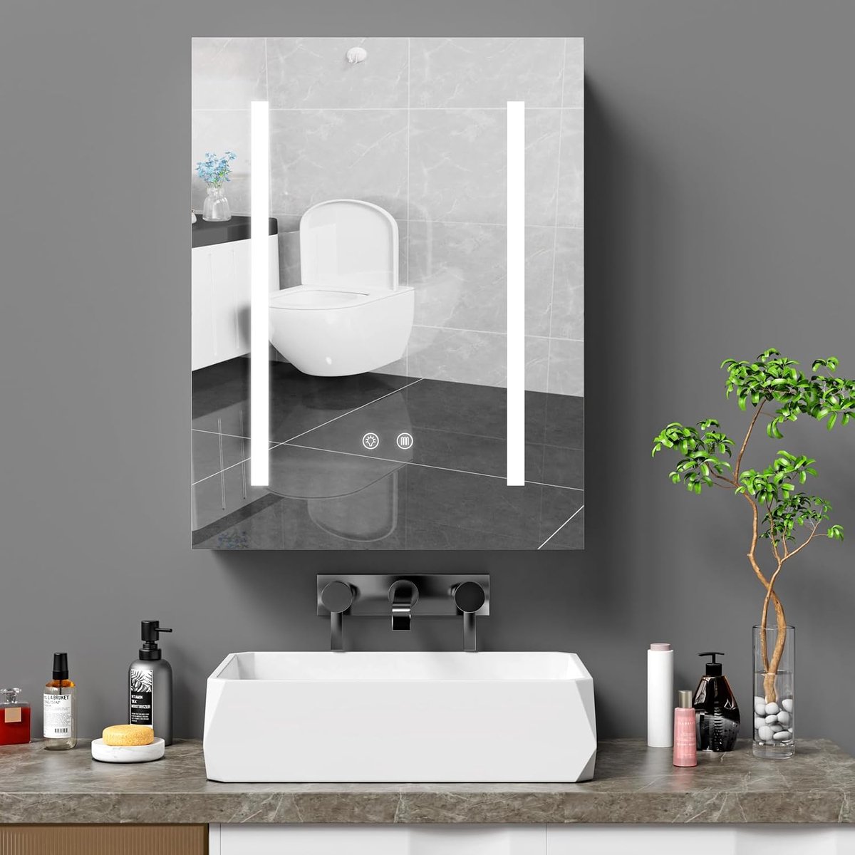 Spiegelkast badkamer met ledverlichting, MDF wit, 3-kleurige verlichting met aanraakbediening, verstelbare legplanken, stopcontact en lichtschakelaar, anti-condens (45 x 60 x 15 cm)