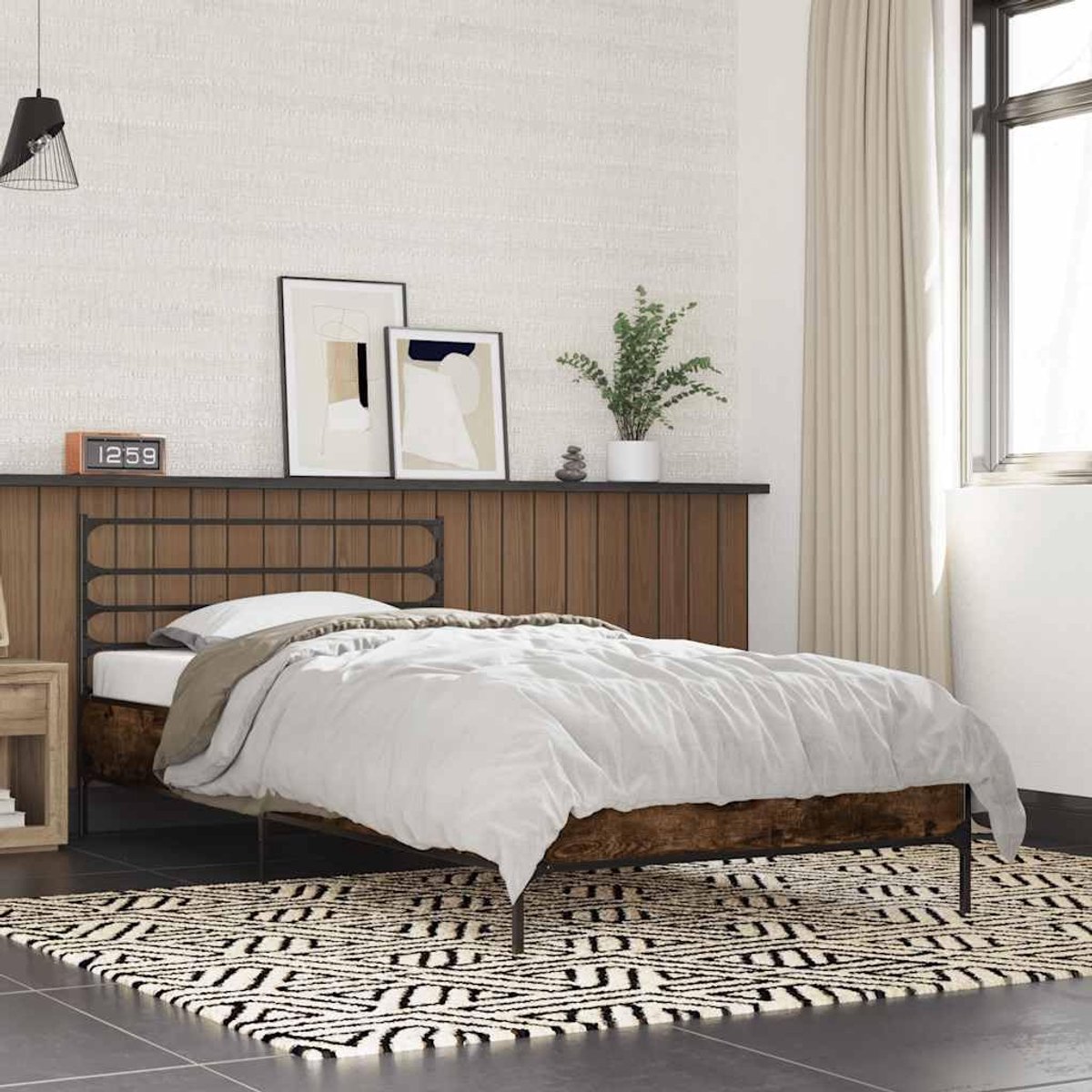 Hout metaal slaapkamerbed gerookt eiken 100x200 cm