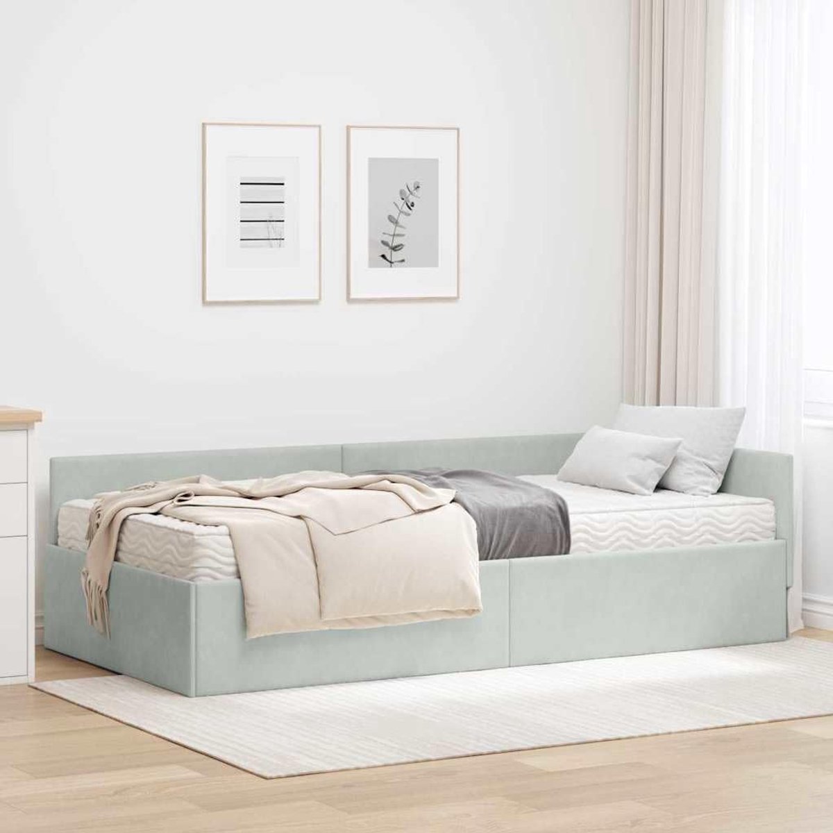 Hoekbedframe met matras, fluweel, modern slaapkamerbed, verstelbaar hoofdeinde, luxe fluwelen bekleding, robuuste multiplexconstructie, geïntegreerde PU-matras, 2 stuks