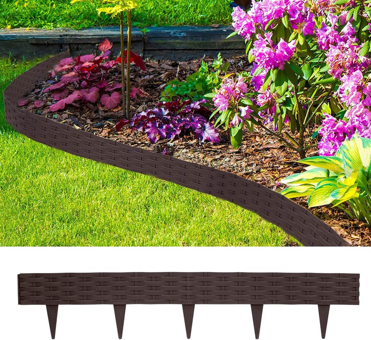 5 m gazonrand, kunststof rotan-look, flexibele gazonrand, tuinpalissade, maaikant, 5 stuks, gazonbegrenzing, weerbestendig en uv-bestendig, bruin