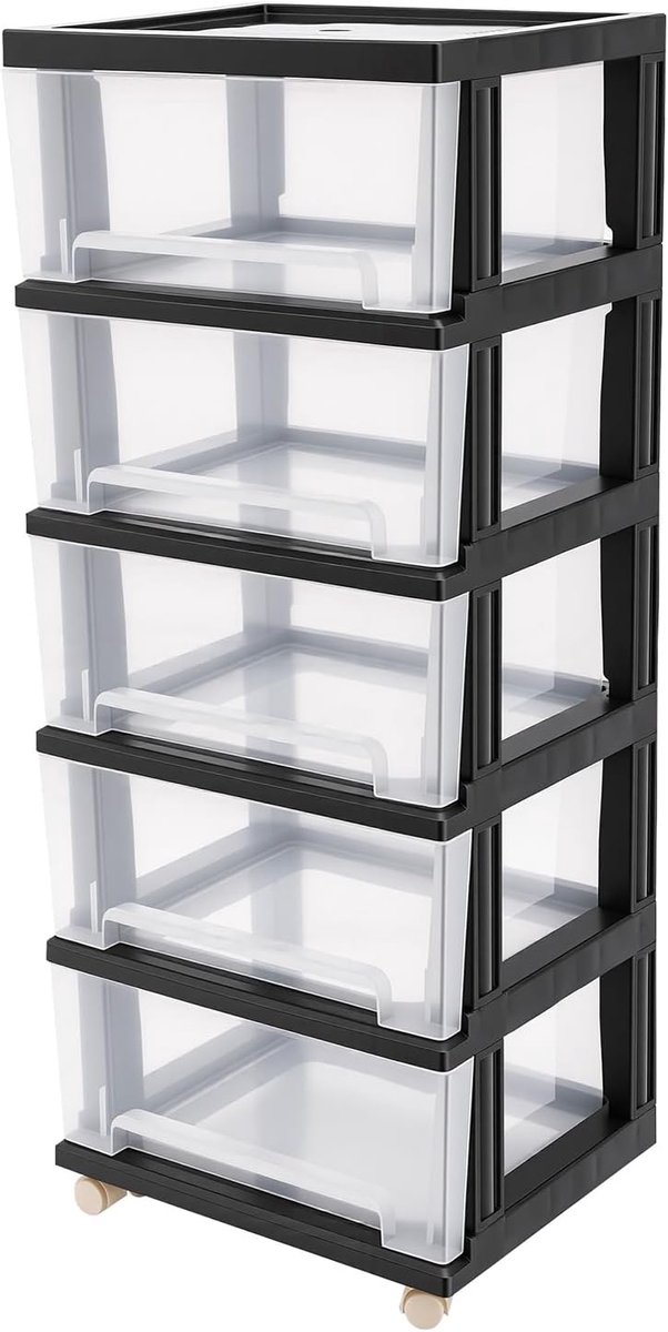 5 laden kunststof opbergdoos zwart 40 cm, mobiele ladekast voor kantoor, huis, tuin