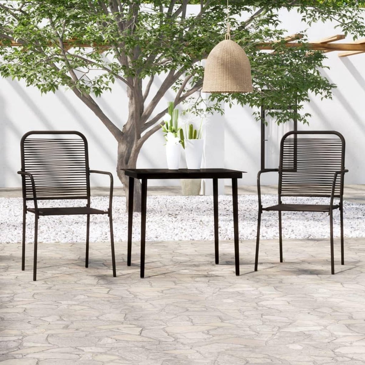 3-delig. Tuineetset zwart met gepoedercoat stalen frame en gehard glazen tafelblad, zitting en rugleuning van gedraaid katoenen touw, ideaal voor tuin, terras, keuken