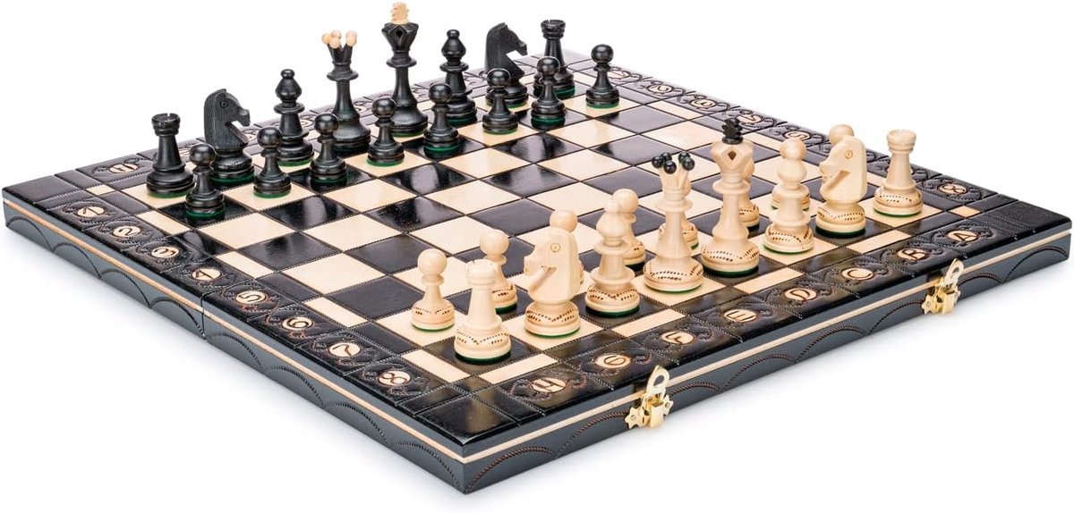 Handgemaakte houten schaakset met houten bord en handgemaakte schaakstukken - Cadeau idee producten (40 cm (16'')) Zwart, Beige
