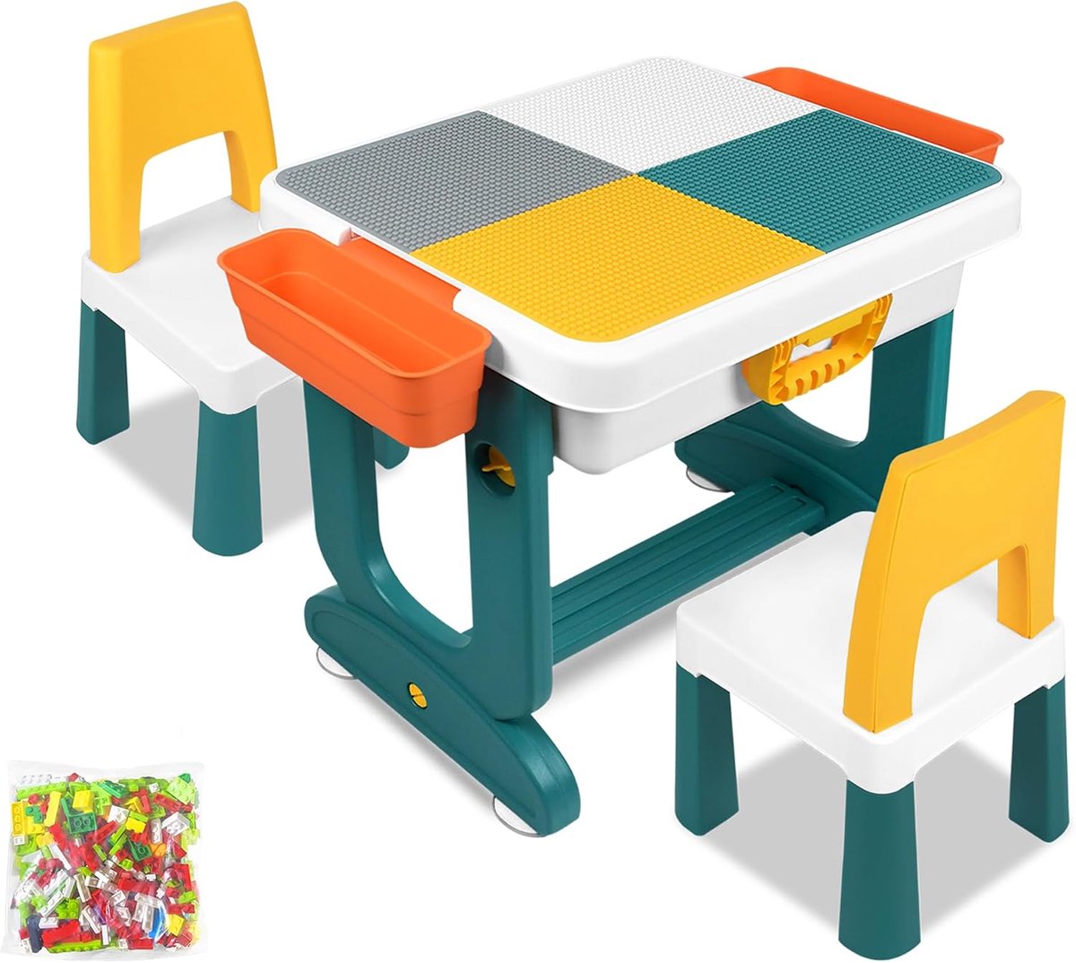 6-in-1 kindertafel met 2 stoelen, kinderspeeltafel met 300 bouwstenen, dubbelzijdig tafelblad, multifunctionele activiteitstafel, zandtafel, knutseltafel