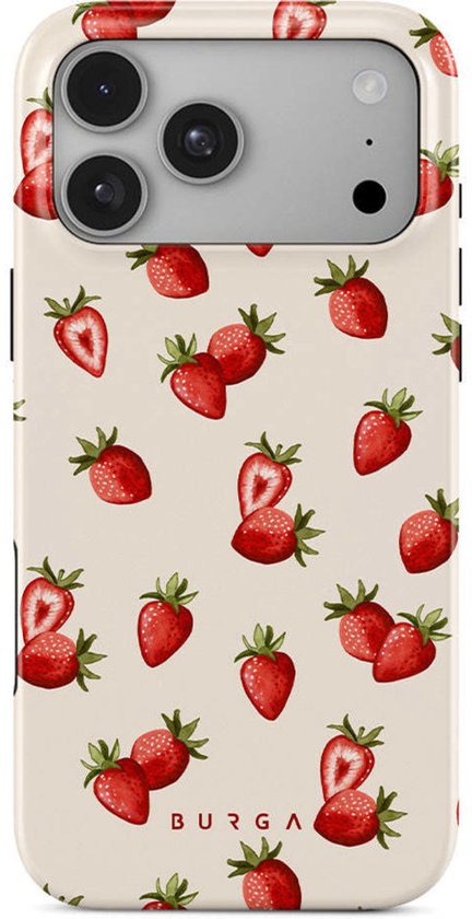 Telefoonhoesje met een patroon van rode aardbeien op een crèmekleurige achtergrond.