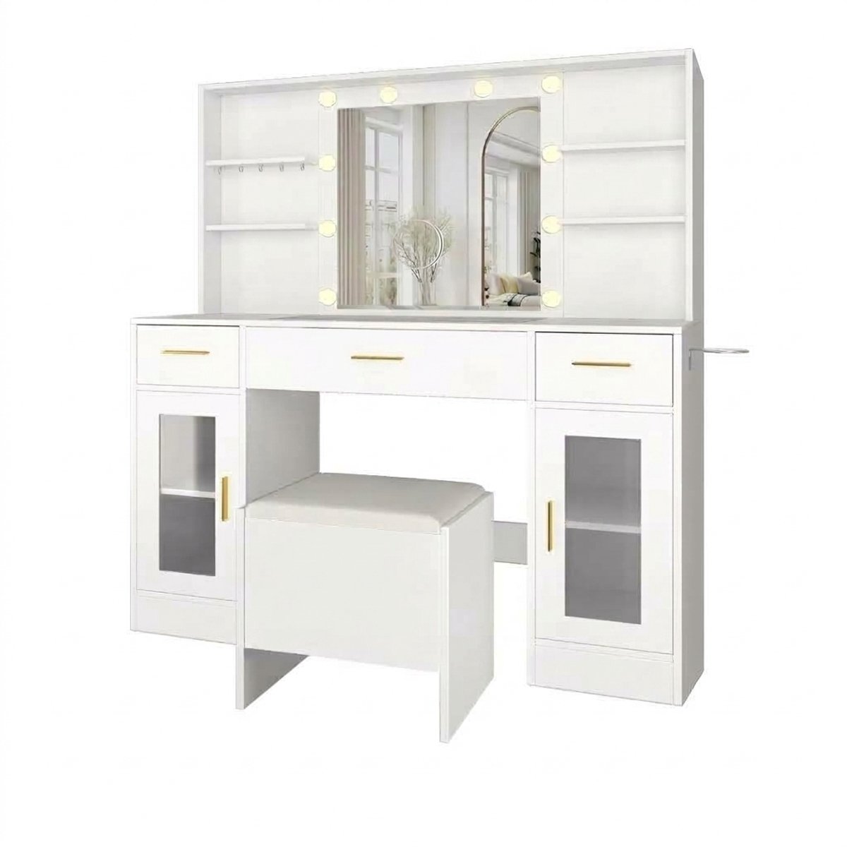 Luxevo Kaptafel met Spiegel LED-Verlichting – Make-up Tafel met 8 Laden – Ingebouwd Stopcontact & USB – Met Föhn-Houder – 113 x 40 x 140 cm – Wit