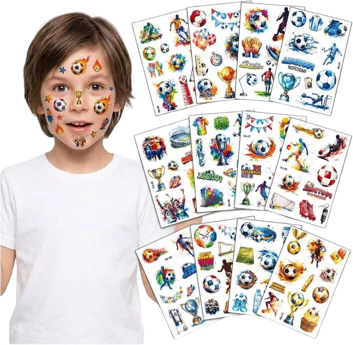 Voetbaltatoeages voor kinderen, 12 vellen waterkleuren, voetbal, tijdelijke tatoeages, kindertattoos, huidvriendelijk, schoolzakvulling, cadeautje voor kinderverjaardag, wm 2026, wm ball 2026
