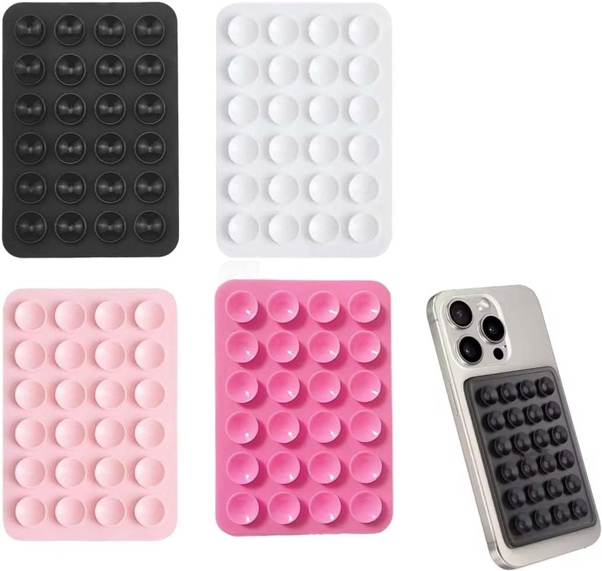 4 stuks zuignapbeschermhoes van siliconen (zwart/wit/roze/lichtroze), telefoonhouder voor selfies, video's en mobiel opladen