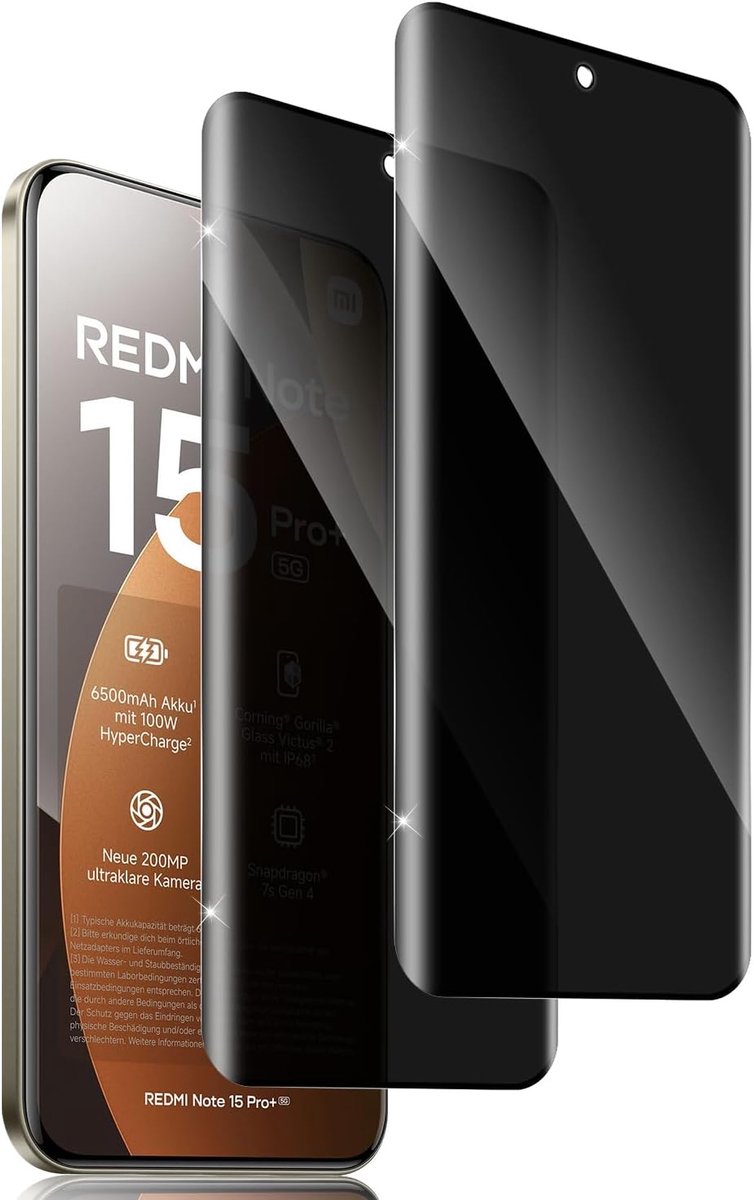2 stuks voor Xiaomi Redmi Note 15 Pro Plus 5G, privacybeschermfolie, beschermfolie voor pantserglas, anti-spy, privacy, privacyfolie, beschermfolie, zwarte rand, privacybeschermglas