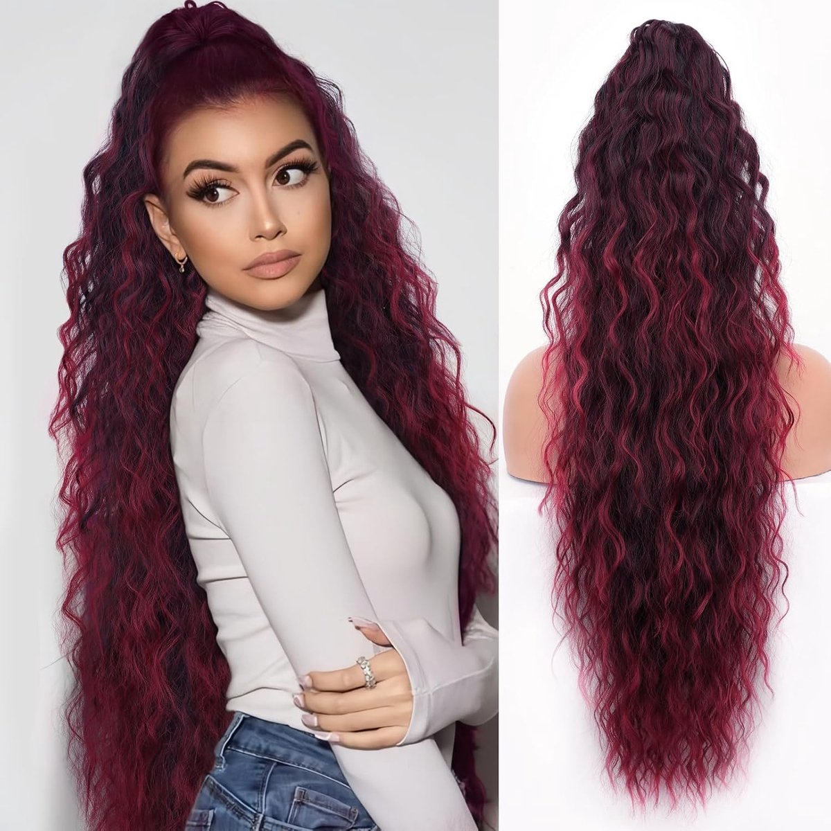 Klemclip, 76 cm, krullende pony, staart, clip-in haarverlengingen voor vrouwen, pluizig, synthetisch haarstukje voor dagelijks gebruik (ombre 1B-bug)