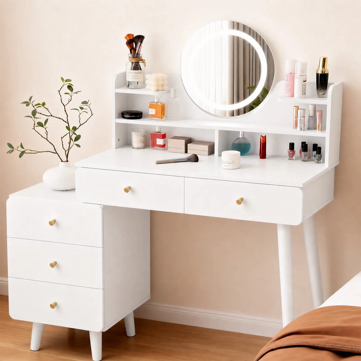 Kaptafel met Verlichte Spiegel 115 cm - Make-uptafel met 5 Laden en 3 Planken - Wit.