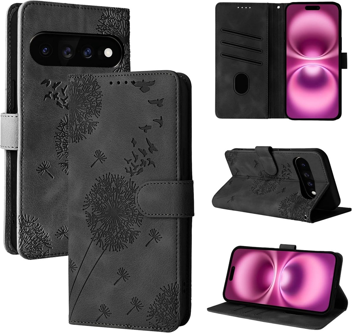 Hoes voor mobiele telefoon voor 6,8 inch, paardenbloem, PU-leer, flip case, portefeuille, tas, hoes, magnetisch, telefoonhoes voor 6,8 inch, zwart