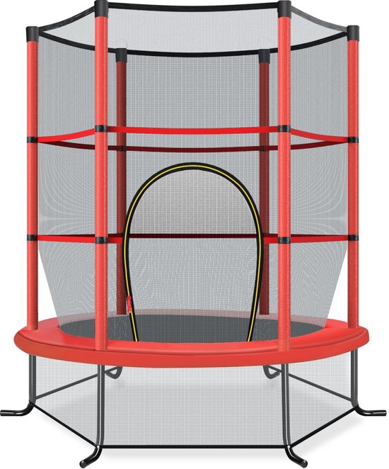 Rode trampoline met zwart veiligheidsnet, rode palen en een gele instaplus. De trampoline staat op een zwart stalen frame.