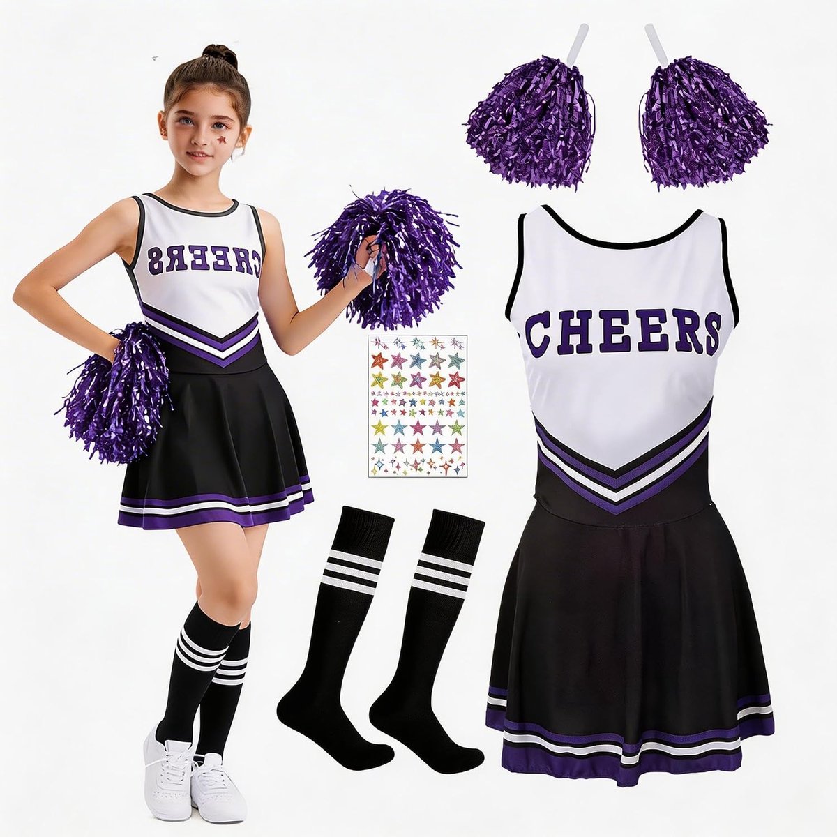 Cheerleaderkostuum voor kinderen, cheerleadering-outfit, kinderkostuum cheerleader met rok, pompons, sokken, 2 stickers, cheerleading-uniform voor carnaval, Halloween, carnaval, cosplay