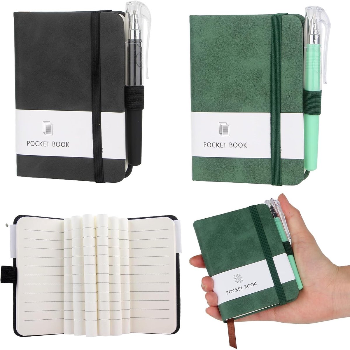 2 stuks notitieboeken klein, hardcover notitieblok A7 (200 pagina's), mini-notitieboek met pen, notitieblok klein met elastische band en penhouder, pocket notebook voor mannen en vrouwen (zwart