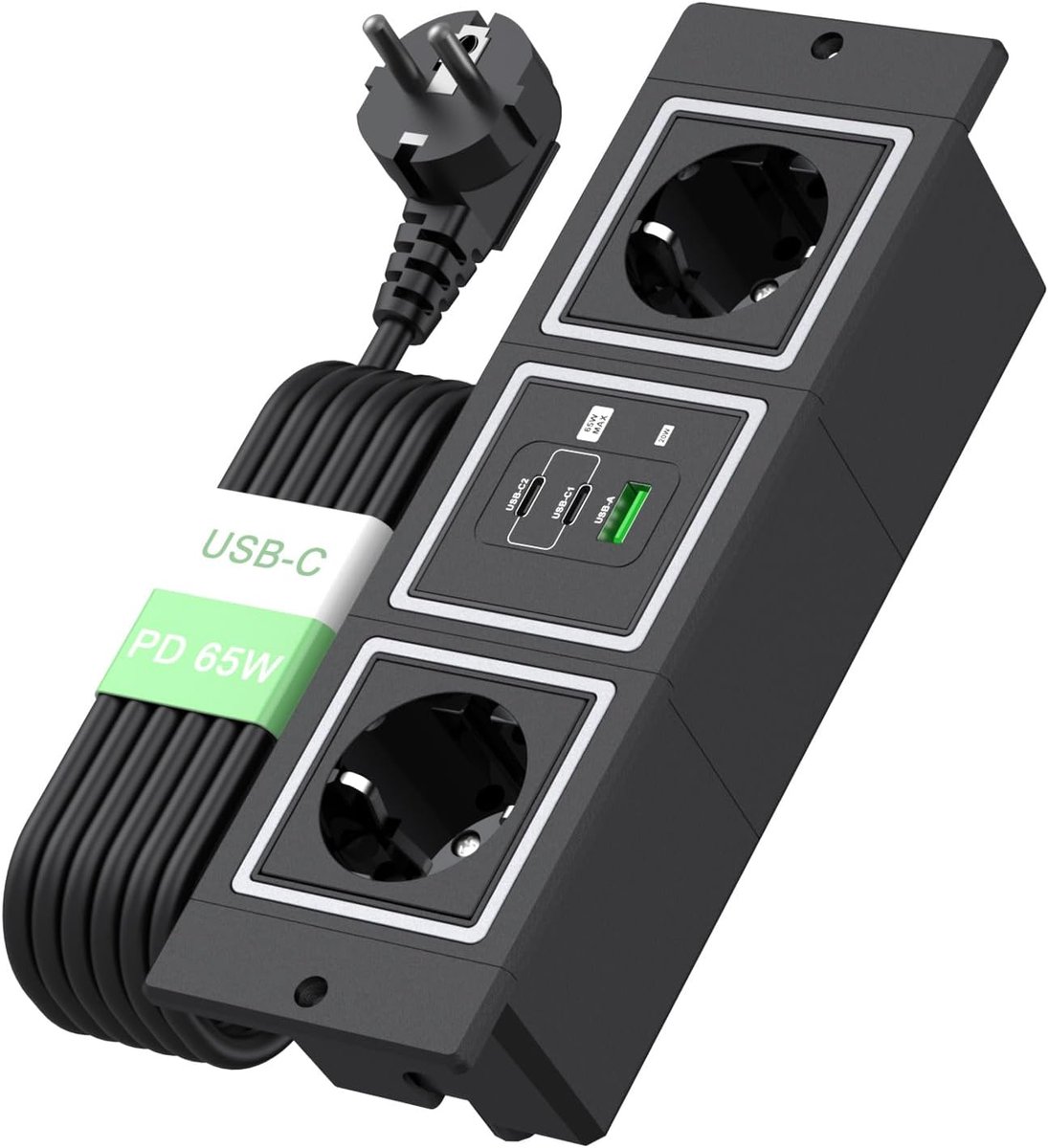 Inbouwstekkerdoos met USB-C PD 65 W, BQO verborgen tafelstopcontacten met 2 USB-C en 1 USB-A-poorten, voor inbouw in meubels zoals bureaus of tafels, 1,8 m kabel, zwart