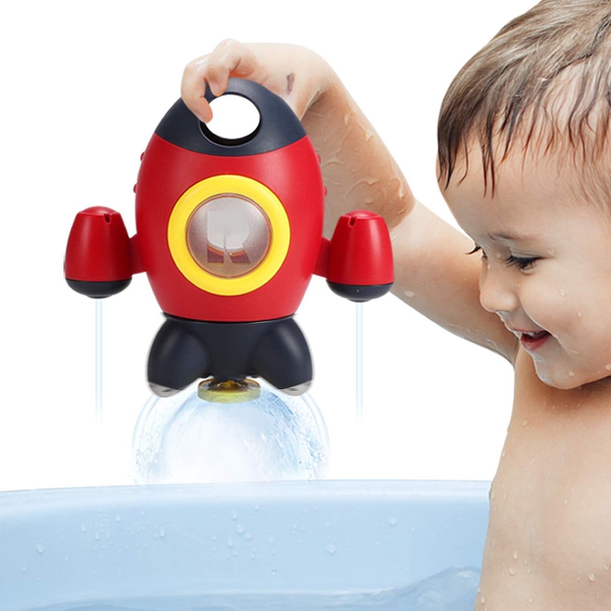 Badspeelgoed, ruimteraket, waterspeelspeelgoed voor peuters, badspeelgoed met roterende fontein, kinderdouche-badspeelgoed voor jongens en meisjes van 1, 2, 3 en 4 jaar oud (rood)