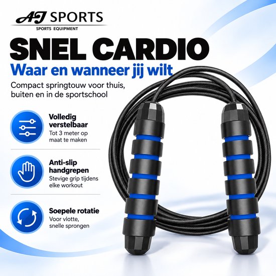 Zwart springtouw met blauwe en zwarte handvatten, met tekst 'Snel cardio waar en wanneer jij wilt' en pictogrammen.