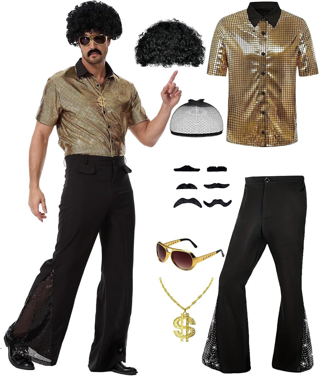 Disco-kostuumset voor heren, jaren 70, gouden paillettenshirt en zwarte uitlopende broek met dollarketting, zonnebril, afro-pruik en snor, retro jaren 70-outfit voor heren