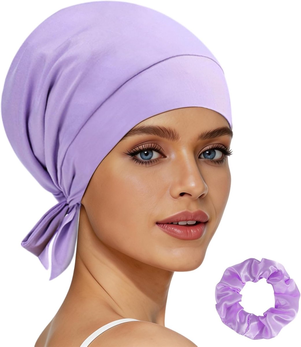 Muts om te slapen, satijnen slaapmuts met verstelbare band, slaapmuts zijde, haarbescherming tegen kroes, bonnet voor krullend en glad haar, met scrunchie