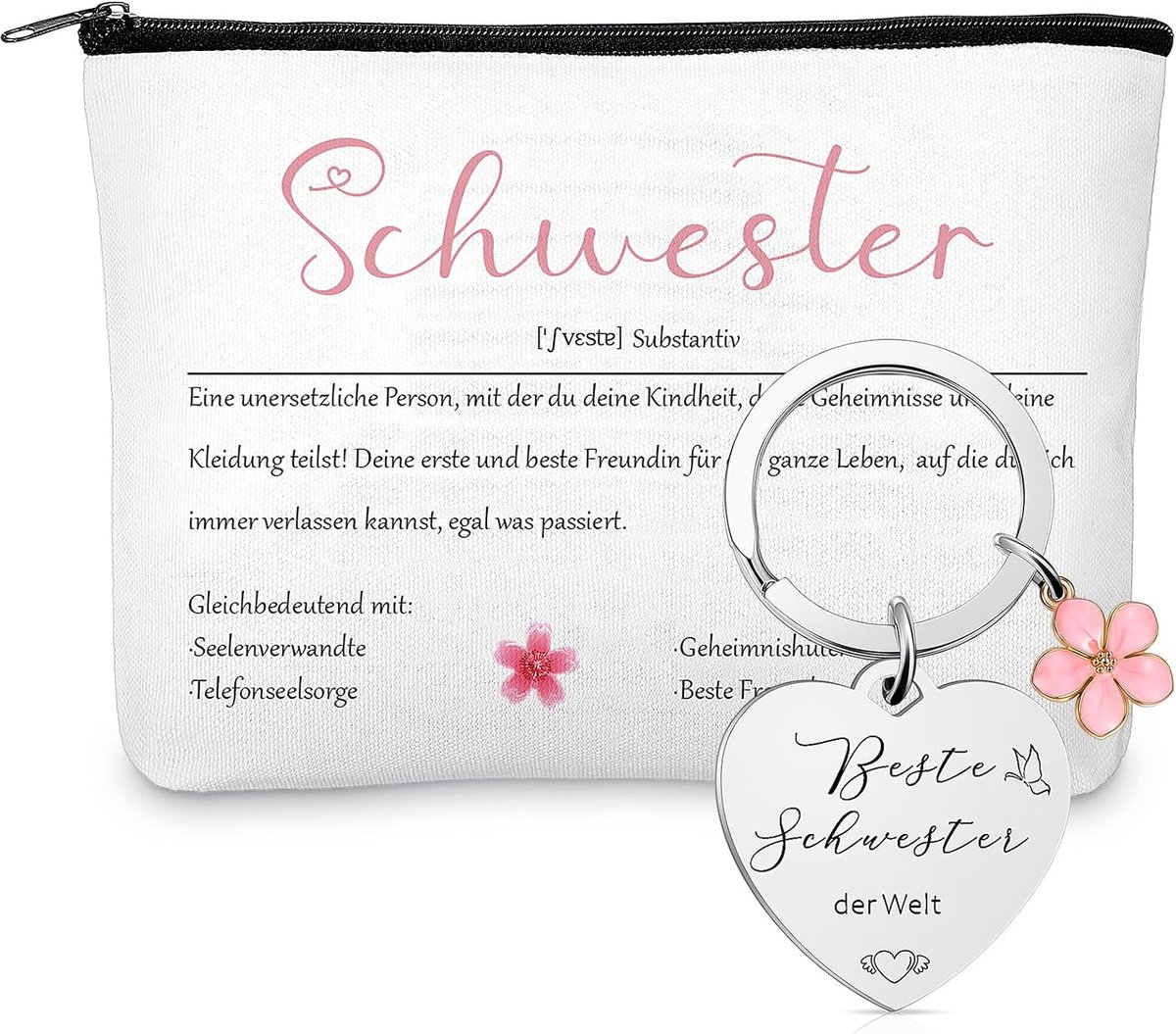 2 stuks cadeaus voor vrouwen set 1 make-up tas zus make-up tas 1 Dell vriendschap sleutelhanger met bloemenhanger cadeau voor de beste zus voor verjaardag jubileum, Wit, 3 x 3