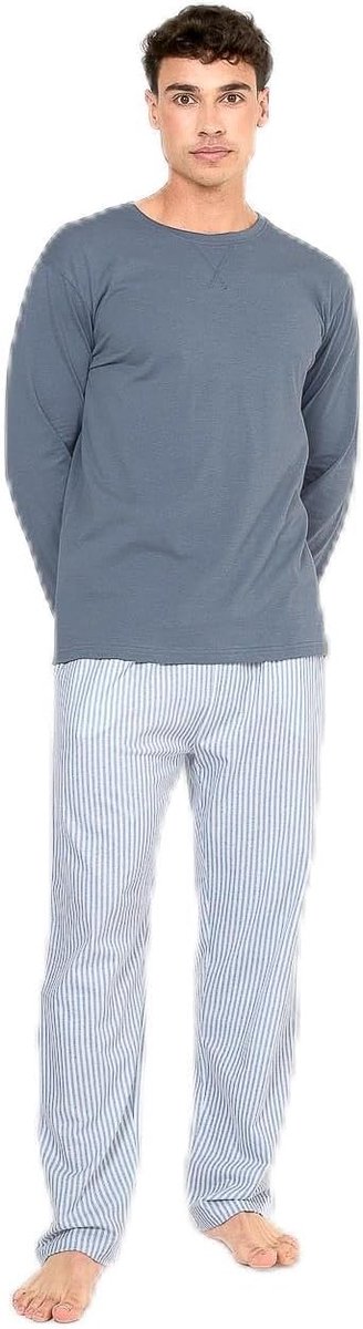 Herenpyjama van 100% katoen, lange set met lange mouwen, comfortabel en ademend, L, gestreept, marineblauw