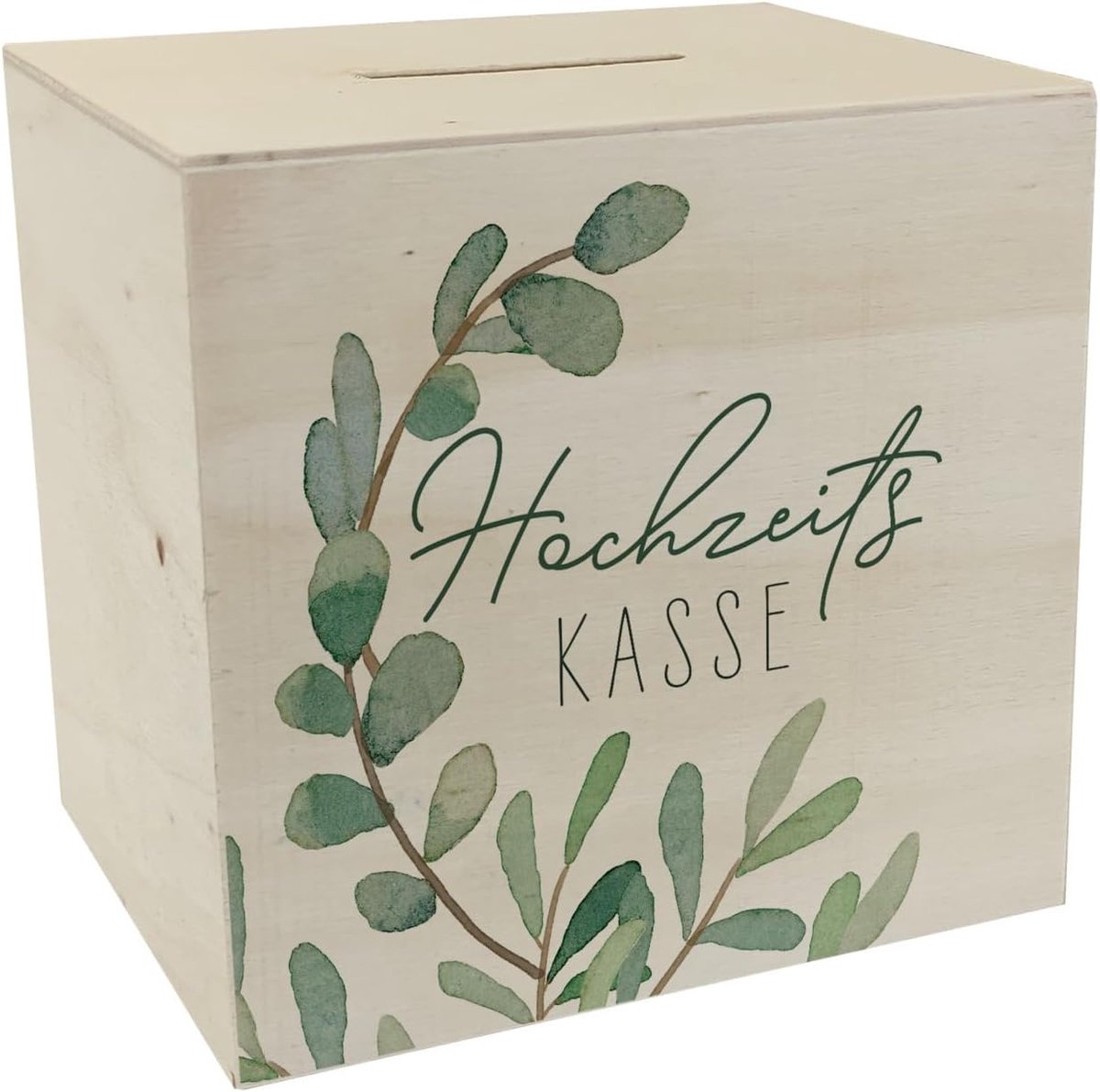 Geldkistje voor een bruiloft, gemaakt van eucalyptushout, verliefd bruidspaar, huwelijksgeschenk, benodigdheden voor de huwelijksreis, decoratie, huwelijk, plezier, boho-motief