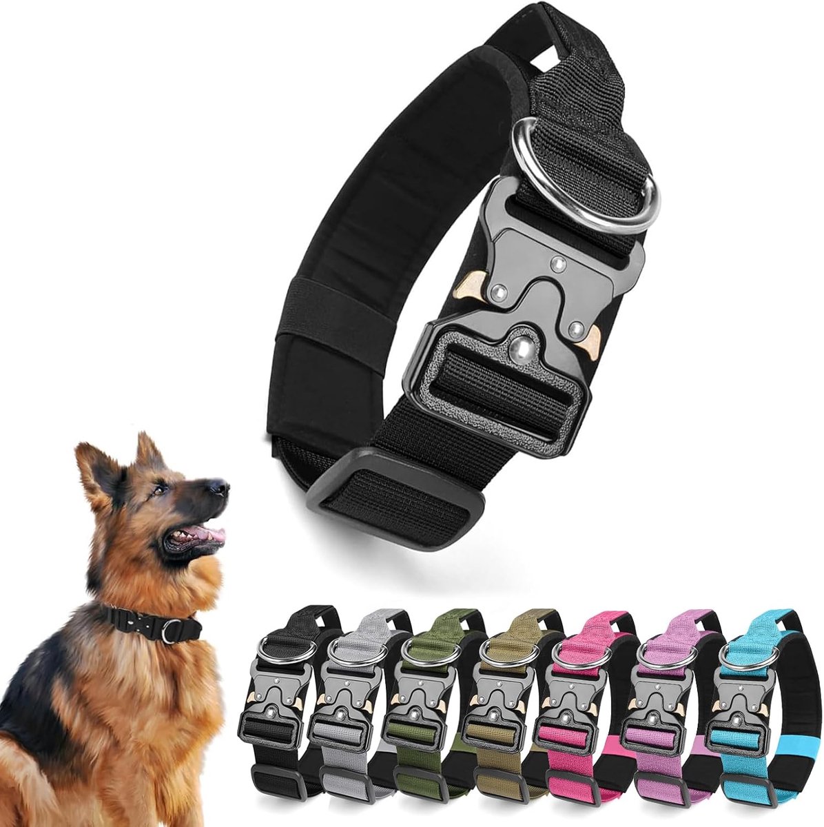 Hondenhalsband met handvat, verstelbare hondenhalsband van polypropyleen met metalen gesp, middelgroot, gewatteerd, zacht, tactische hondenhalsband (zwart, XL)