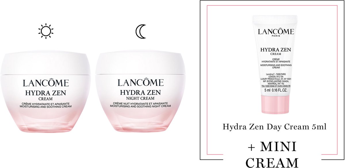 Lancôme Hydra Zen 2-Step Hydraterende Moisturizer Skincare Routine: Dagcreme | Nachtcreme + Cadeau - Hydra Zen Dagcreme 50ml & Hydra Zen Nachtcreme 50ml + Hydra Zen Dagcreme 5ml Cadeau