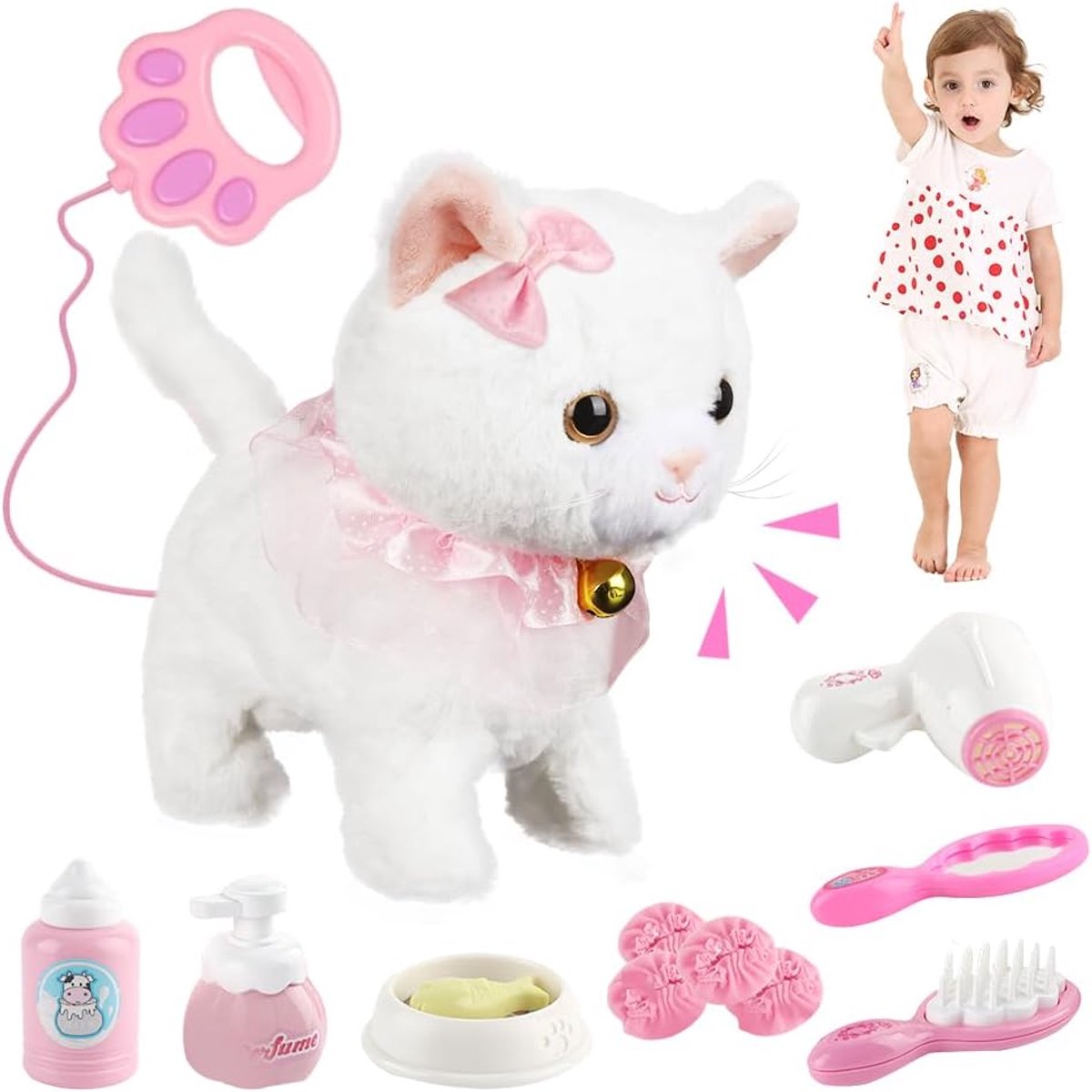Interactief huisdier kat, speelgoed kat voor kinderen, interactief pluche dier kat met lopen, blaffen, stoedelen, realistische interactieve huisdier, voor kinderen jaar