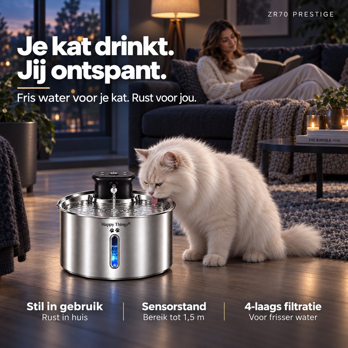 Happy Things® ZR70 Prestige Draadloze Drinkfontein Kat en Hond – 3,2L – 100% RVS – Sensor – 45d batterijduur - Fluisterstil 20 dB – 4 Filters – Kattenfontein thumbnail 4