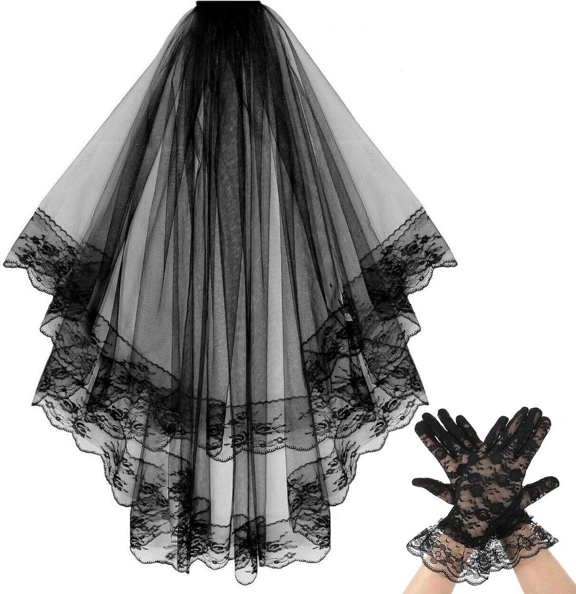 Set van 2 sluiers van zwart kant, zwarte sluier voor Halloween met kam en korte kanten handschoenen, gothic bruidssluier voor Halloween, cosplay, carnaval en fotografie, accessoires voor themafeesten