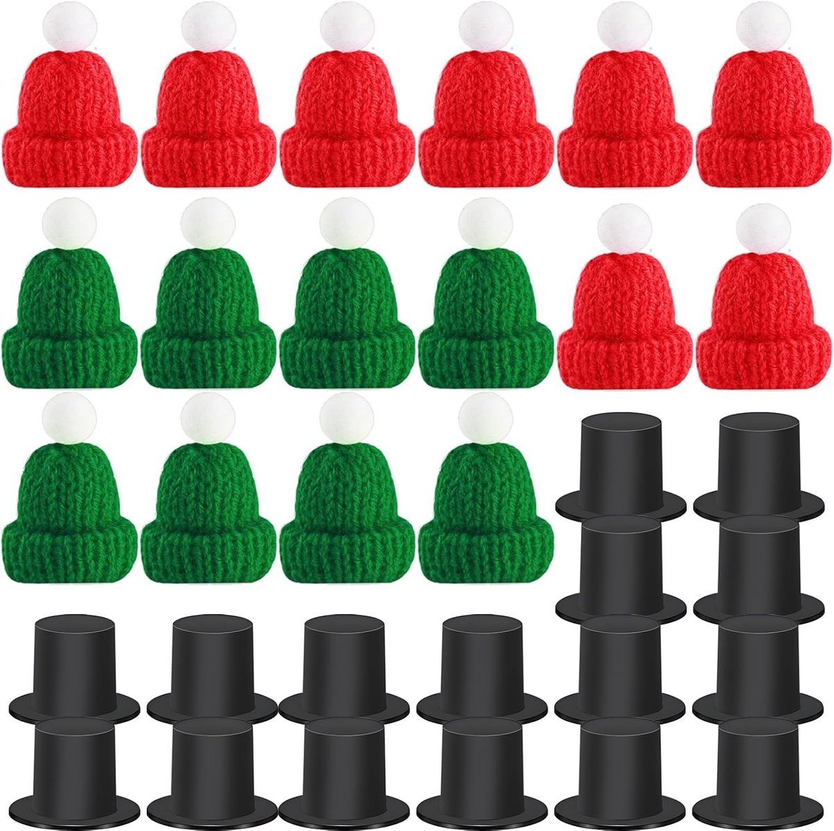 32 stuks winterse kerstmini-sneeuwpopmuts, inclusief gebreide en plastic sneeuwpopornamenten, decoratiebenodigdheden, mini-kerstmutsen voor knutselen, kerstcadeaus, Kerstmis sneeuwman hoeden