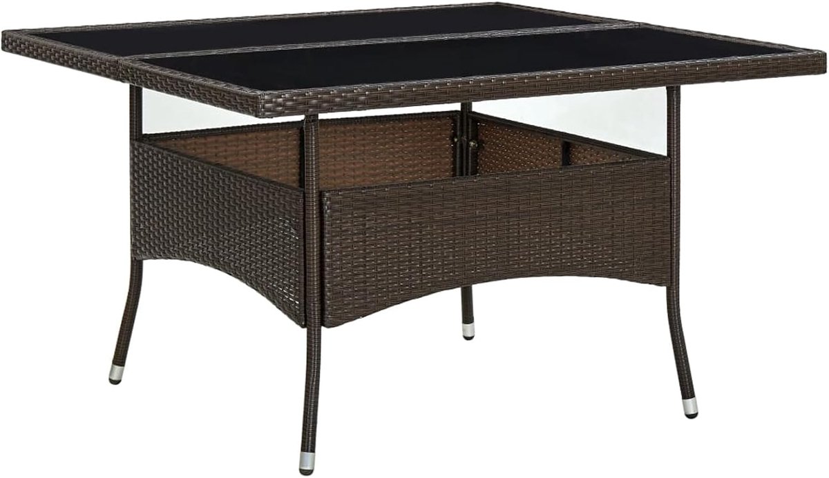 Tuintafel, bruin, polyrotan en glas, tuintafel, balkontafel, eettafel voor terrassen, camping, spontane tuinfeesten, 310556