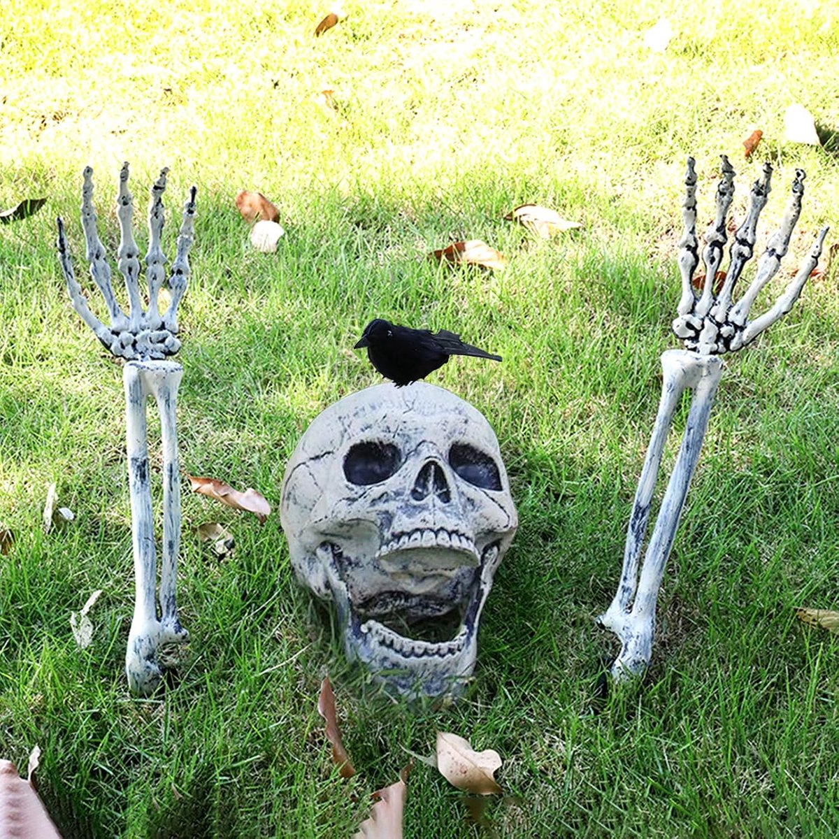3 stuks Halloween skelet decoratie, schedel kraai ornament, met nep schedel hoofd, been van de hand, hand kraai, horror ornamenten, buiten, tuin decoraties, begraafplaats decoraties