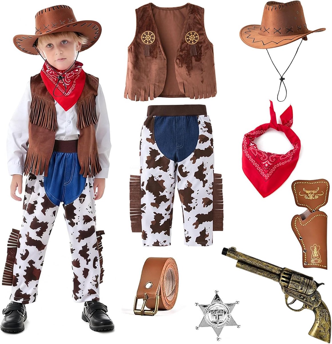 cowboykostuum voor kinderen, 3-11 jaar, met cowboyhoed voor kinderen, vest, broek, riem, rode halsdoek en accessoires, carnaval, cosplay, outfit voor jongens