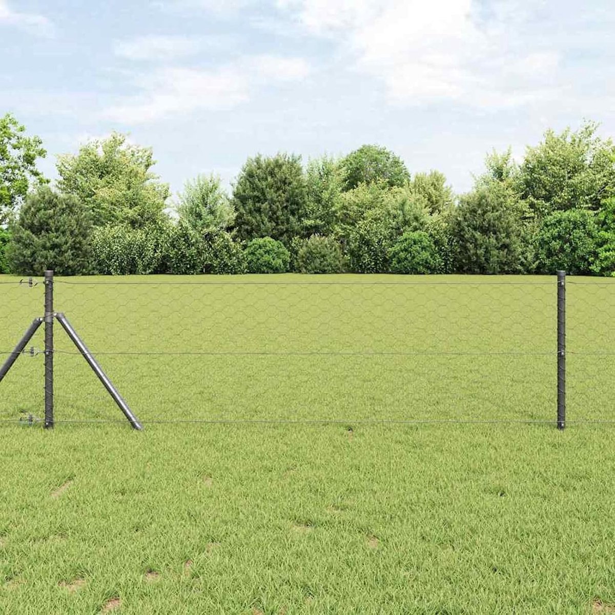 Zeshoekige omheining grijs 0,6 x 10 m, hekpalen 7 stuks grijs Ø 32 mm 100 cm verzinkt staal, hekstangen metalen palen voor draadhekken, tuinhek, wilgenhek buiten