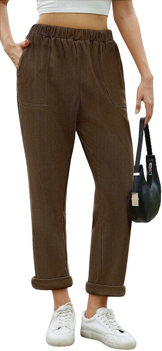 Corduroy damesbroek met elastische taille, casual broek met zakken, losse pasvorm, volledige lengte, rekbare lichtgewicht broek, rechte pijpen, trekbroek