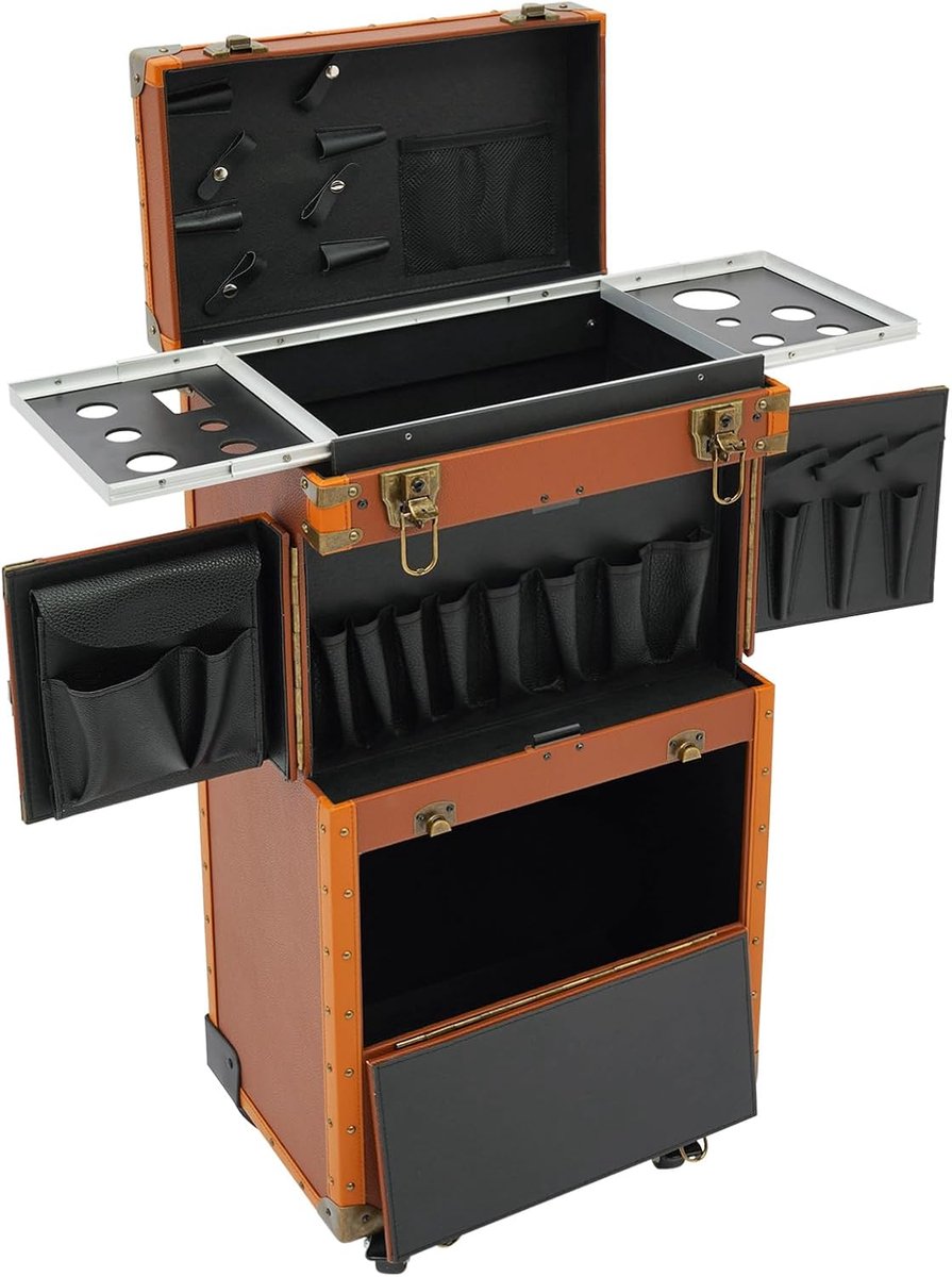 Trolley, grote kapperskoffer, make-upkoffer, kappersgereedschap, organizer met wachtwoordsloten, voor manicure, haarstylisten, schoonheidsspecialisten (koffie)