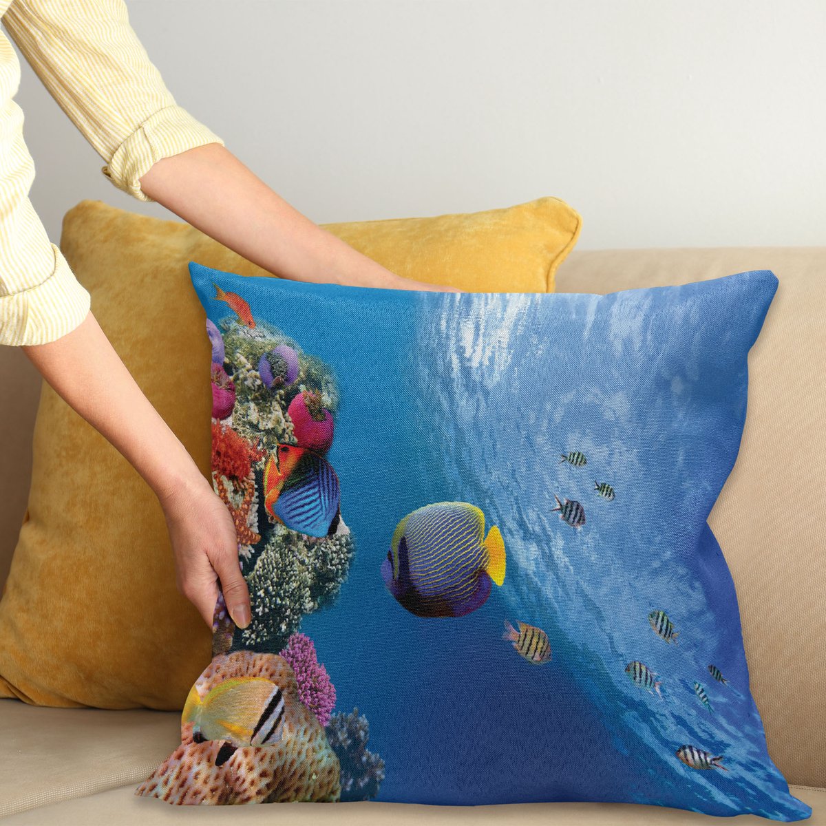 ABAKUHAUS Oceaan Leven Kussenhoes, Unterwasser Vis Zee, Digitale Print, Waterbestendig, Kleurecht, Wasbare Kussenhoes met Ritssluiting, 40 x 40 cm, Blauw