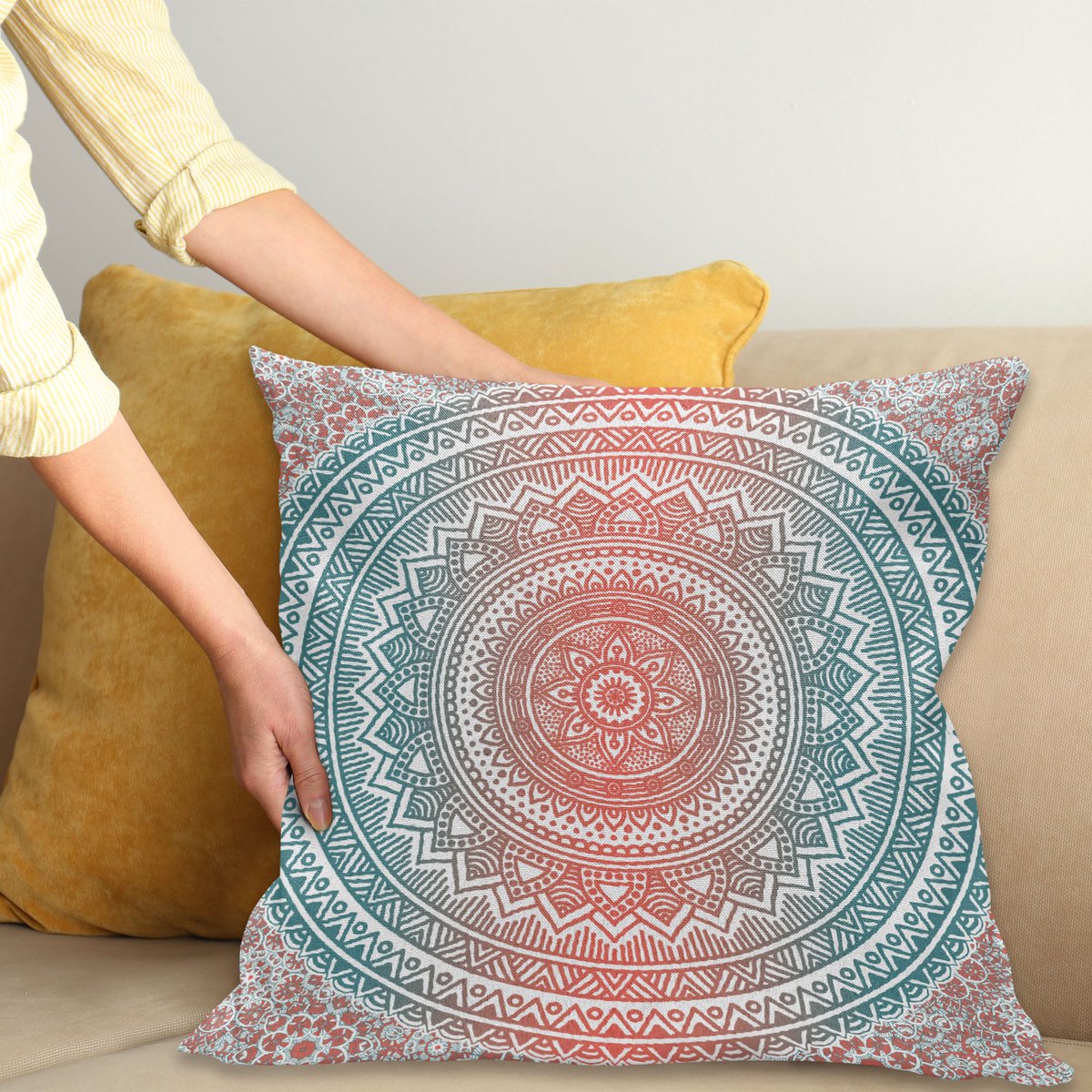 ABAKUHAUS Mandala Kussenhoes, Antiek Mandala, Dubbelzijdige Digitale Print met Ritssluiting, Kleurecht, Onderhoudsvriendelijk en Wasbaar, 40 x 40 cm, Teal Koraal