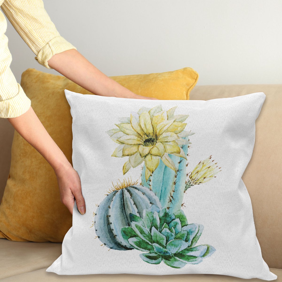 ABAKUHAUS Bloem Kussenhoes, Pflanze Spikes Kaktus, Kussenhoes zonder Binnenkussen, met Ritssluiting, Dubbelzijdige Print, Wasbaar, 40 x 40 cm, Blauw en Wit
