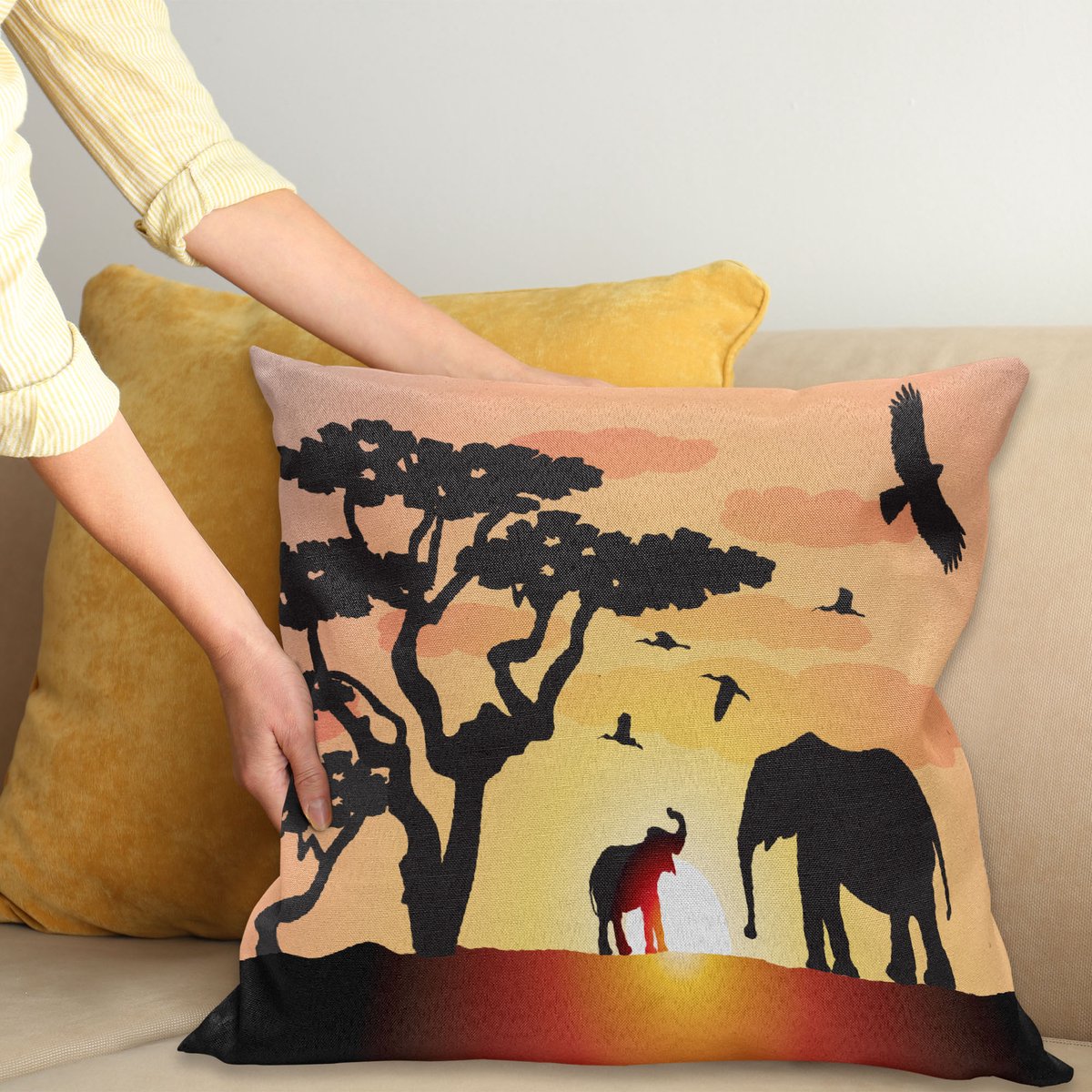 ABAKUHAUS Olifant Kussenhoes, Zonsondergang Tierbaum, Met Ritssluiting, Wasbaar, Dubbelzijdige Digitale Print, Heldere Kleuren, Hoogwaardige Stof, 40 x 40 cm, Houtskoolgrijs Meerkleurig